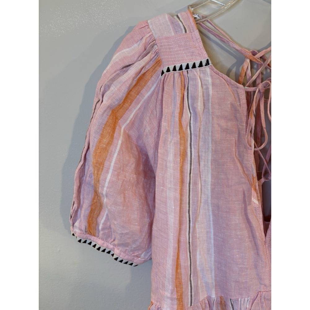 LEMLEM x H&M Pink Stripe Linen Dress L Puff Sleeve Beach Summer - Picture 4 of 12